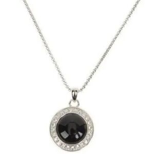 Designer Colleen Lopez Black Onyx Cabochon & White Topaz Pendant, 18" Chain